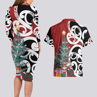 New Zealand Silver Fern Christmas Tree Couples Matching Long Sleeve Bodycon Dress and Hawaiian Shirt Meri Kirihimete LT7 - Polynesian Pride