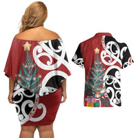 New Zealand Silver Fern Christmas Tree Couples Matching Off Shoulder Short Dress and Hawaiian Shirt Meri Kirihimete LT7 - Polynesian Pride
