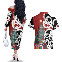 New Zealand Silver Fern Christmas Tree Couples Matching Off The Shoulder Long Sleeve Dress and Hawaiian Shirt Meri Kirihimete LT7 - Polynesian Pride