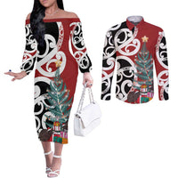 New Zealand Silver Fern Christmas Tree Couples Matching Off The Shoulder Long Sleeve Dress and Long Sleeve Button Shirt Meri Kirihimete LT7 Red - Polynesian Pride