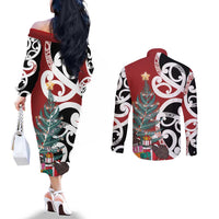 New Zealand Silver Fern Christmas Tree Couples Matching Off The Shoulder Long Sleeve Dress and Long Sleeve Button Shirt Meri Kirihimete LT7 - Polynesian Pride