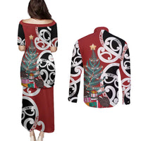 New Zealand Silver Fern Christmas Tree Couples Matching Puletasi and Long Sleeve Button Shirt Meri Kirihimete LT7 - Polynesian Pride