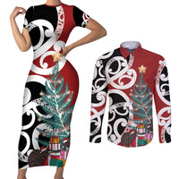 New Zealand Silver Fern Christmas Tree Couples Matching Short Sleeve Bodycon Dress and Long Sleeve Button Shirt Meri Kirihimete LT7 Red - Polynesian Pride
