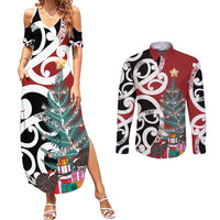 New Zealand Silver Fern Christmas Tree Couples Matching Summer Maxi Dress and Long Sleeve Button Shirt Meri Kirihimete LT7 Red - Polynesian Pride