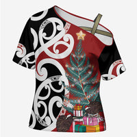 New Zealand Silver Fern Christmas Tree Cross Shoulder Shirt Meri Kirihimete LT7 Female Red - Polynesian Pride