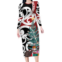 New Zealand Silver Fern Christmas Tree Long Sleeve Bodycon Dress Meri Kirihimete LT7 Long Dress Red - Polynesian Pride