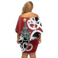New Zealand Silver Fern Christmas Tree Off Shoulder Short Dress Meri Kirihimete LT7 - Polynesian Pride
