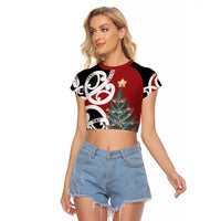 New Zealand Silver Fern Christmas Tree Raglan Cropped T Shirt Meri Kirihimete LT7 Female Red - Polynesian Pride