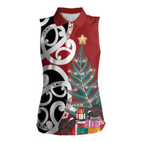 New Zealand Silver Fern Christmas Tree Women Sleeveless Polo Shirt Meri Kirihimete LT7 Female Red - Polynesian Pride