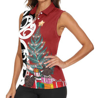 New Zealand Silver Fern Christmas Tree Women Sleeveless Polo Shirt Meri Kirihimete LT7 - Polynesian Pride