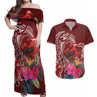 Personalized Samoa Meri Krisimasi Couples Matching Off Shoulder Maxi Dress and Hawaiian Shirt Segasegamau'u Mix Siapo LT7 Red - Polynesian Pride