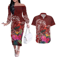 Personalized Samoa Meri Krisimasi Couples Matching Off The Shoulder Long Sleeve Dress and Hawaiian Shirt Segasegamau'u Mix Siapo LT7 Red - Polynesian Pride