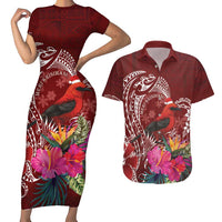 Personalized Samoa Meri Krisimasi Couples Matching Short Sleeve Bodycon Dress and Hawaiian Shirt Segasegamau'u Mix Siapo LT7 Red - Polynesian Pride