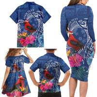 Personalized Samoa Christmas Family Matching Long Sleeve Bodycon Dress and Hawaiian Shirt Cardinal Honeyeater Mix Siapo LT7 - Polynesian Pride