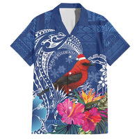 Personalized Samoa Christmas Family Matching Short Sleeve Bodycon Dress and Hawaiian Shirt Cardinal Honeyeater Mix Siapo LT7 Dad's Shirt - Short Sleeve Blue - Polynesian Pride