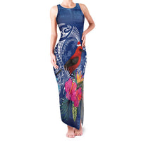 Personalized Samoa Christmas Family Matching Tank Maxi Dress and Hawaiian Shirt Cardinal Honeyeater Mix Siapo LT7 Mom's Dress Blue - Polynesian Pride