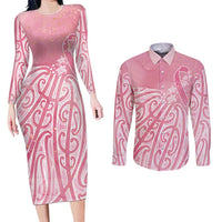 Breast Cancer Awareness Maori Couples Matching Long Sleeve Bodycon Dress and Long Sleeve Button Shirt Kia Kaha Kia Maia Kia Manawanui LT7 Pink - Polynesian Pride