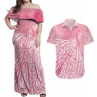 Breast Cancer Awareness Maori Couples Matching Off Shoulder Maxi Dress and Hawaiian Shirt Kia Kaha Kia Maia Kia Manawanui LT7 Pink - Polynesian Pride