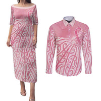 Breast Cancer Awareness Maori Couples Matching Puletasi and Long Sleeve Button Shirt Kia Kaha Kia Maia Kia Manawanui LT7 Pink - Polynesian Pride