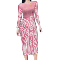 Breast Cancer Awareness Maori Long Sleeve Bodycon Dress Kia Kaha Kia Maia Kia Manawanui LT7 Long Dress Pink - Polynesian Pride