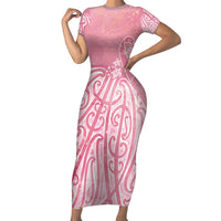 Breast Cancer Awareness Maori Short Sleeve Bodycon Dress Kia Kaha Kia Maia Kia Manawanui LT7 Long Dress Pink - Polynesian Pride
