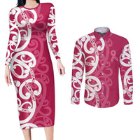Breast Cancer Awareness Maori Couples Matching Long Sleeve Bodycon Dress and Long Sleeve Button Shirt Koru Kowhaiwhai LT7 Pink - Polynesian Pride