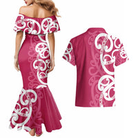 Breast Cancer Awareness Maori Couples Matching Mermaid Dress and Hawaiian Shirt Koru Kowhaiwhai LT7 - Polynesian Pride