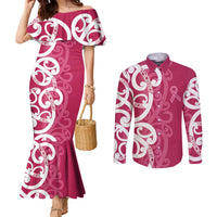 Breast Cancer Awareness Maori Couples Matching Mermaid Dress and Long Sleeve Button Shirt Koru Kowhaiwhai LT7 Pink - Polynesian Pride