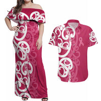 Breast Cancer Awareness Maori Couples Matching Off Shoulder Maxi Dress and Hawaiian Shirt Koru Kowhaiwhai LT7 Pink - Polynesian Pride