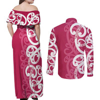 Breast Cancer Awareness Maori Couples Matching Off Shoulder Maxi Dress and Long Sleeve Button Shirt Koru Kowhaiwhai LT7 - Polynesian Pride