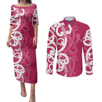 Breast Cancer Awareness Maori Couples Matching Puletasi and Long Sleeve Button Shirt Koru Kowhaiwhai LT7 Pink - Polynesian Pride