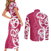 Breast Cancer Awareness Maori Couples Matching Short Sleeve Bodycon Dress and Long Sleeve Button Shirt Koru Kowhaiwhai LT7 - Polynesian Pride