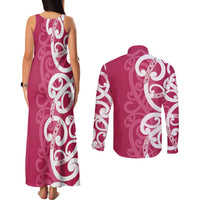Breast Cancer Awareness Maori Couples Matching Tank Maxi Dress and Long Sleeve Button Shirt Koru Kowhaiwhai LT7 - Polynesian Pride