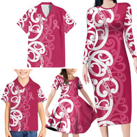 Breast Cancer Awareness Maori Family Matching Long Sleeve Bodycon Dress and Hawaiian Shirt Koru Kowhaiwhai LT7 - Polynesian Pride
