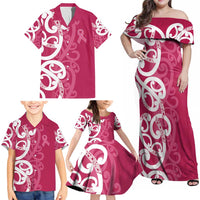 Breast Cancer Awareness Maori Family Matching Off Shoulder Maxi Dress and Hawaiian Shirt Koru Kowhaiwhai LT7 - Polynesian Pride