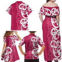 Breast Cancer Awareness Maori Family Matching Off Shoulder Maxi Dress and Hawaiian Shirt Koru Kowhaiwhai LT7 - Polynesian Pride
