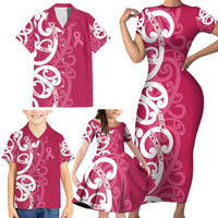 Breast Cancer Awareness Maori Family Matching Short Sleeve Bodycon Dress and Hawaiian Shirt Koru Kowhaiwhai LT7 - Polynesian Pride