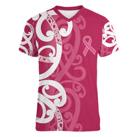 Breast Cancer Awareness Maori Women V-Neck T-Shirt Koru Kowhaiwhai LT7 Female Pink - Polynesian Pride