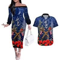 Anzac Couples Matching Off The Shoulder Long Sleeve Dress and Hawaiian Shirt Australia Aboriginal Mix New Zealand Slouch Hats LT7 Blue - Polynesian Pride