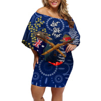 Anzac Off Shoulder Short Dress Australia Aboriginal Mix New Zealand Slouch Hats LT7 Women Blue - Polynesian Pride