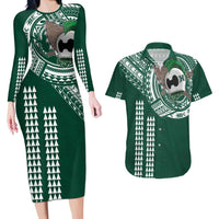Hawaii Rainbow Warriors Personalized Couples Matching Long Sleeve Bodycon Dress and Hawaiian Shirt Kakau Ikaika Laau Pama LT7 Green - Polynesian Pride