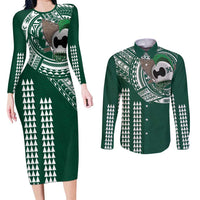 Hawaii Rainbow Warriors Personalized Couples Matching Long Sleeve Bodycon Dress and Long Sleeve Button Shirt Kakau Ikaika Laau Pama LT7 Green - Polynesian Pride