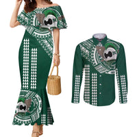 Hawaii Rainbow Warriors Personalized Couples Matching Mermaid Dress and Long Sleeve Button Shirt Kakau Ikaika Laau Pama LT7 Green - Polynesian Pride