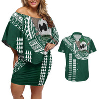 Hawaii Rainbow Warriors Personalized Couples Matching Off Shoulder Short Dress and Hawaiian Shirt Kakau Ikaika Laau Pama LT7 Green - Polynesian Pride