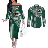 Hawaii Rainbow Warriors Personalized Couples Matching Off The Shoulder Long Sleeve Dress and Long Sleeve Button Shirt Kakau Ikaika Laau Pama LT7 Green - Polynesian Pride