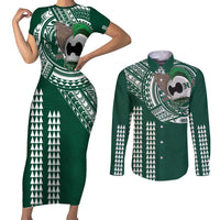 Hawaii Rainbow Warriors Personalized Couples Matching Short Sleeve Bodycon Dress and Long Sleeve Button Shirt Kakau Ikaika Laau Pama LT7 Green - Polynesian Pride