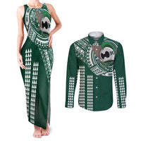 Hawaii Rainbow Warriors Personalized Couples Matching Tank Maxi Dress and Long Sleeve Button Shirt Kakau Ikaika Laau Pama LT7 Green - Polynesian Pride