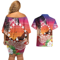 Kia Orana Cook Islands Couples Matching Off Shoulder Short Dress and Hawaiian Shirt Sunset Dream LT7 - Polynesian Pride