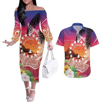Kia Orana Cook Islands Couples Matching Off The Shoulder Long Sleeve Dress and Hawaiian Shirt Sunset Dream LT7 Art - Polynesian Pride