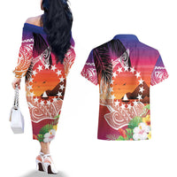 Kia Orana Cook Islands Couples Matching Off The Shoulder Long Sleeve Dress and Hawaiian Shirt Sunset Dream LT7 - Polynesian Pride